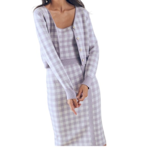 Joie Cardigan Set V Neck Sz Small Plaid Cottagecore Matching Skirt Purple Check - Picture 1 of 11